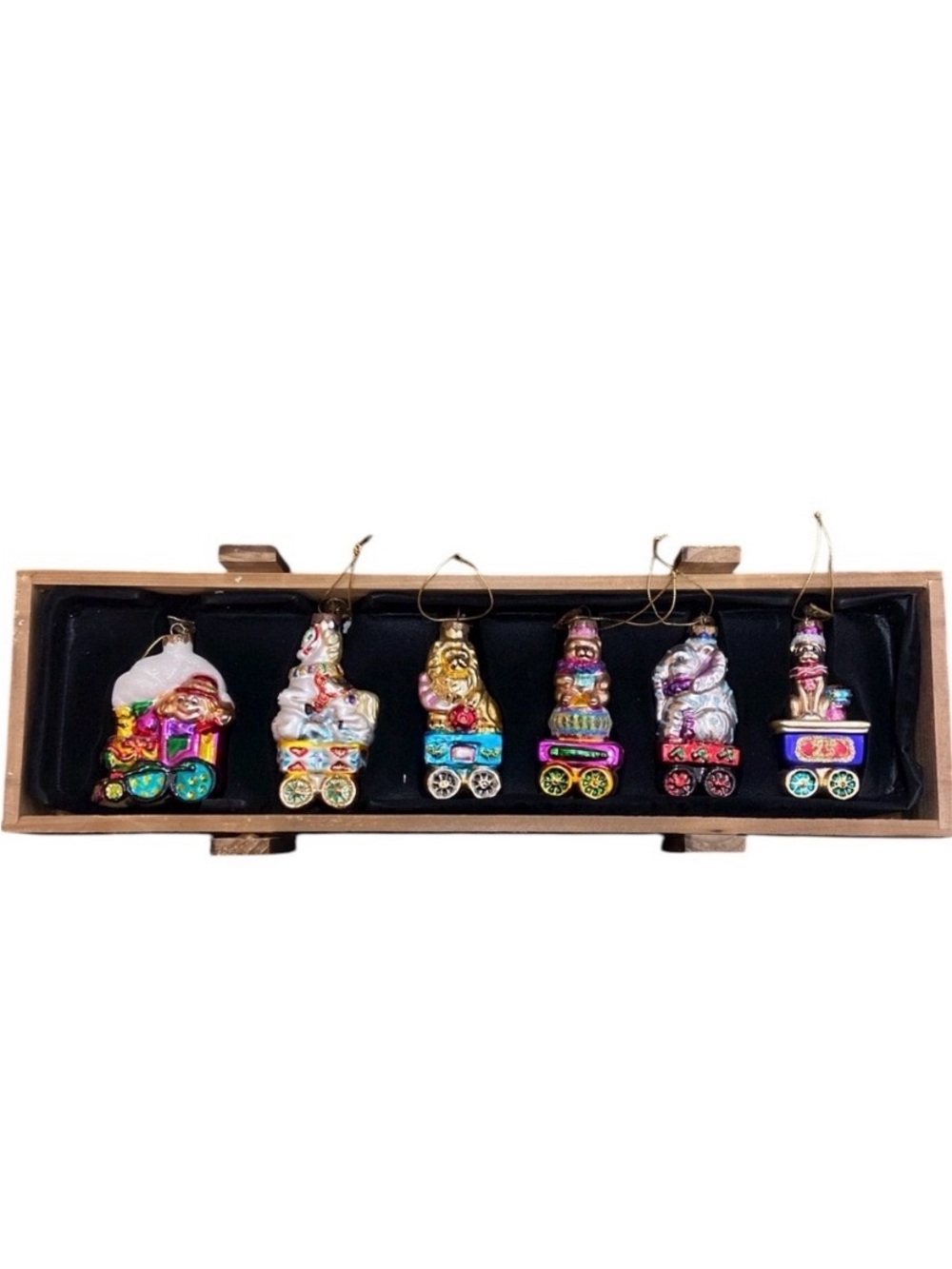 2004 Thomas Pacconi Circus Train Set of 6 Hand Blown Glass Ornaments Wood Crate